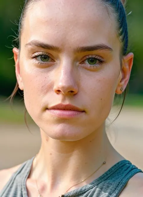A stunning intricate color close up portrait of (sks woman:1) , wearing tanktop, epic character composition, sharp focus, natural lighting, subsurface scattering, f2, 35mm, film grain, , by Dominique Issermann, <lora:lora-small-daisy-ridley-v1:1>