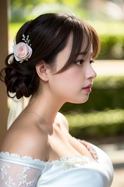 nikon RAW photo,8 k,Fujifilm XT3,masterpiece, best quality, 1girl,solo,realistic, photorealistic,ultra detailed,
1girl, upper body, (white lace trim, wedding dress, white long sleeves, bare shoulders), big breasts,
side face,
<lora:hipoly_3dcg_v7-epoch-000012:0.2> ,<lora:cutegirl2:1>, full-face blush,