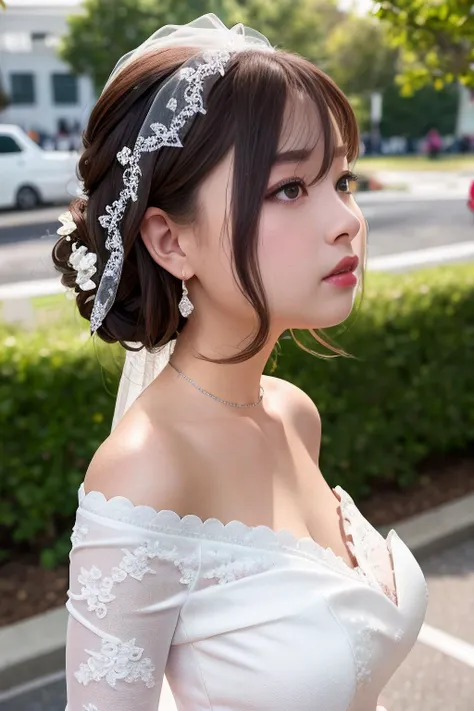 nikon RAW photo,8 k,Fujifilm XT3,masterpiece, best quality, 1girl,solo,realistic, photorealistic,ultra detailed,
1girl, upper body, (white lace trim, wedding dress, white long sleeves, bare shoulders), big breasts,
side face, looking at viewer,
<lora:hipoly_3dcg_v7-epoch-000012:0.2> ,<lora:cutegirl2:1>, full-face blush,