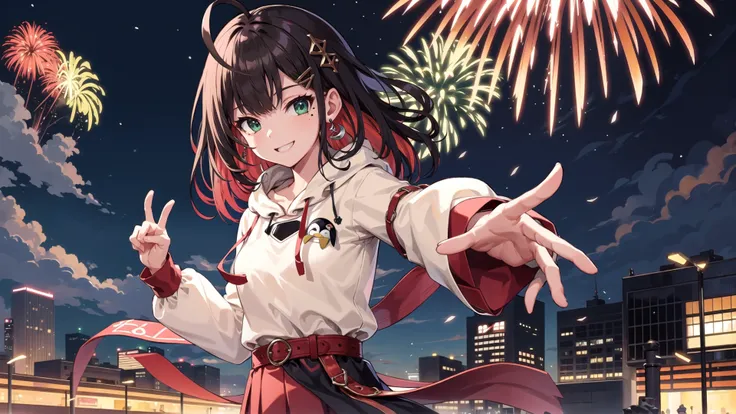 high quality, masterpiece, highres,
1girl, (solo:1.6), aayui, medium hair, multicolored hair, ahoge, green eyes, mole under eye, earrings, hair ornament,
collared shirt, white hoodie, penguin, hood, black jacket, open clothes, long sleeves,
belt, red skirt, pleated skirt,
<lora:hizuki_yui_v1:0.6>
teenage, slim,
rotate angle,
looking at viewer, smile,
standing, (v pose:1.1), reaching out,
outdoors, night, fireworks, (detailed background:1.6),
