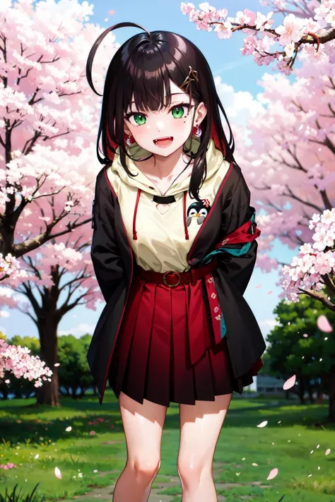 masterpiece, best quality, highres, aayui, medium hair, multicolored hair, hair ornament, ahoge, green eyes, mole under eye, earrings, collared shirt, hoodie, penguin, hood, black jacket, open clothes, long sleeves, belt, red skirt, pleated skirt, <lora:hizuki_yui_v1:0.7>, arms behind back, smile, open mouth, leaning forward, outdoor, cherry blossoms, standing