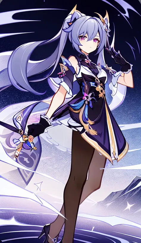 Genius_Invokation_TCG_Character_Cards, hair_cones, keqing_\(genshin_impact\), rock,mountain,1girl, gloves, hair_ornament, twintails, solo, purple_hair, detached_sleeves, pantyhose, high_heels, dress, purple_eyes, bare_shoulders, looking_at_viewer, long_hair <lora:Genius_Invokation_TCG_Card_Style:1>