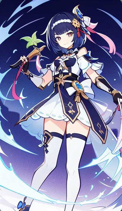 Genius_Invokation_TCG_Character_Cards, 1girl,short hair, white_legwear,solo,holding bow, smile, <lora:Genius_Invokation_TCG_Card_Style-000016:0.8>