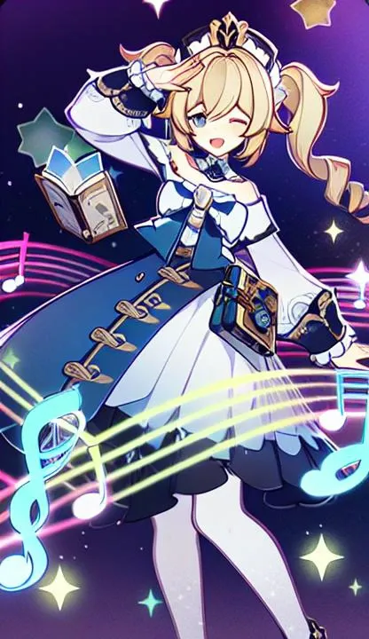 Genius_Invokation_TCG_Character_Cards, barbara_\(genshin_impact\), 1girl, star_\(symbol\), twintails, starry_background, one_eye_closed, dress, open_mouth, book, white_legwear, sparkle, pantyhose, musical_note, solo, long_sleeves, hat, smile, drill_hair, latin_cross, white_dress, blonde_hair<lora:Genius_Invokation_TCG_Card_Style:0.9>