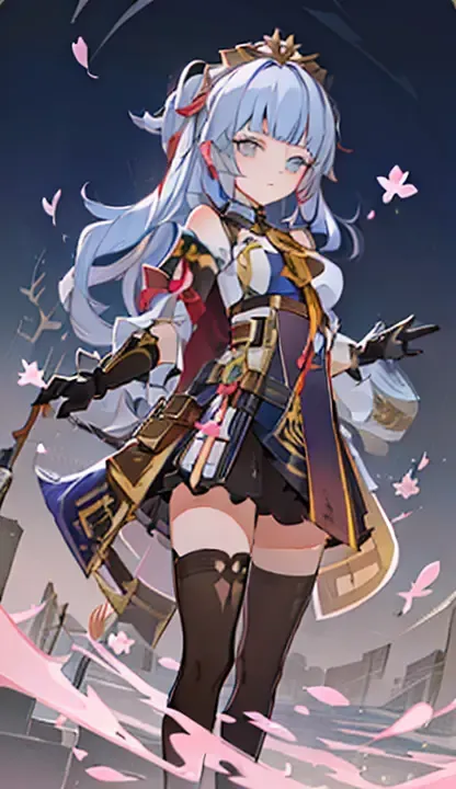 Genius_Invokation_TCG_Character_Cards, cherry_blossoms, petals, 1girl, falling_petals, rose_petals, long_hair, solo, petals_on_liquid, blue_eyes, blue_hair, blunt_bangs, standing, bangs,
 <lora:Genius_Invokation_TCG_Card_Style-000014:0.8>