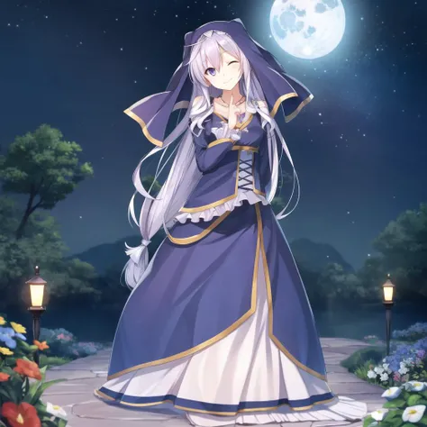 best quality, ultra-detailed, masterpiece,(masterpiece:1.2), hires, 8k,
extremely detailed CG unity 8 k wallpaper, unreal engine rendered,
illustration, anime, comic, game cg,
SFW,  [purple hair: silver hair:0.5], long hair, small breasts, [blue eyes:purple eyes:0.5], full body,
smile, closed mouth, one eye closed, half-closed eye, looking at viewer,head tilt,
necklace, jewelry,
habit, hood, veil, nun,frills,
finger_to_face,
night, night sky, starry sky, star sky,
outdoors, garden, plant, tree, flower,  cold light, moon, moon light,
<lora:Eris0.32-NUM:STRENGTH>