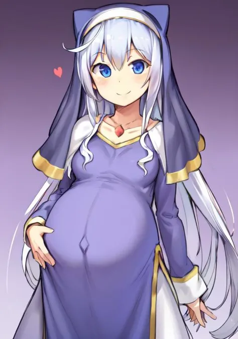 <lora:Eris0.33:0.6> cat ears, animal ears, veil, 1girl, solo, hood, habit, nun, smile, blue_eyes, silver_hair, long_sleeves, dress, purple_eyes, coolar, <lora:pregnant_belly1.6:0.8> , zkz, pregnant, 1girl, solo, nun.