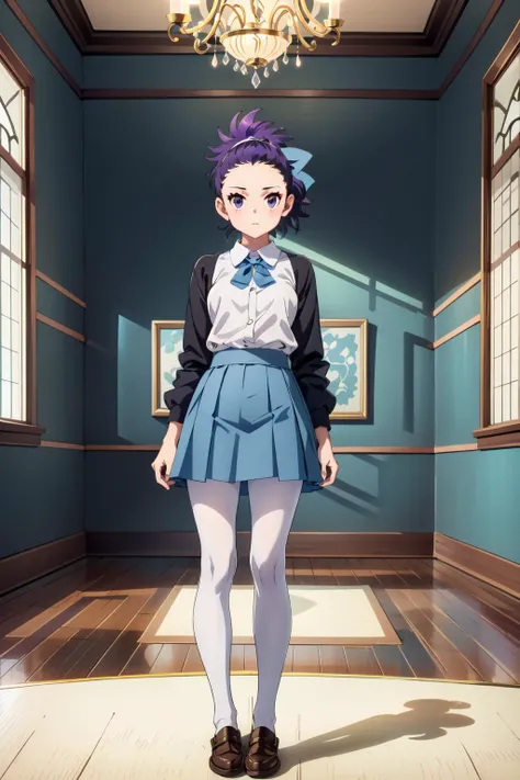 cnhs junior student,1girl,janine \(pokemon\),purple hair,purple eyes, light blue skirt, bow, white blouse,pantyhose,standing,looking at viewer,full body,in ornate room,gilded walls, <lora:CNHS Junior Student:0.8> ,<lora:Janine:0.8>, <lora:LORA-XenoDetailer-v2:0.1>