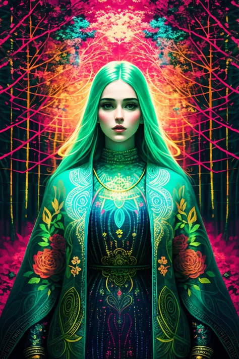 cover art, illustration, bright psychedelic portrait of a beautiful  25 year old woman wearing a paisley dress, BlacklightForestStyle, outdoor fashion editorial, (intricate details, hyperdetailed) by Guy Aroch <lora:BlacklightForestStyle:0.8>