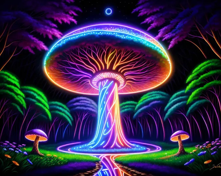 <lora:BlacklightForestStyle:1.06>, best quality, 4k, 8k, UHD, oil painting of a mushroom, BlacklightForestStyle, dark sky, nighttime, style of Diane Dillon, Neon light effect, LSD, trippy, gnomes, pixy, magical