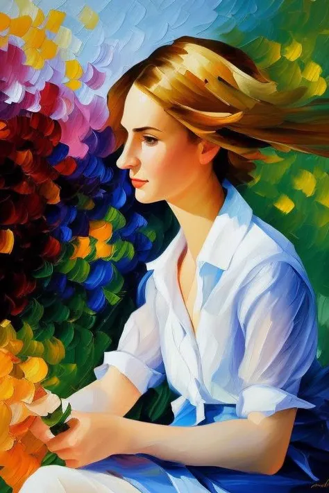 Ultra-detailed woman, (looking thoughtfully into the distance:1.4), in the park, sitting on a bench, full body, outdoors, (not looking at the camera:1.7), (adjusting hair:1.5), (short open shirt:1.2), solo, beautiful detailed sky, (closed mouth), small breasts, beautiful detailed eyes, floating hair, NSFW, seminude bosom, saliva, style-empire, by Alex Huguet, Mike Hill, Ian Spriggs, JaeCheol Park, Marek Denko, picture painted in impressionist style, brushstroke painting technique, palette knife painting, an expressive oil painting, Leonid Afremov<hypernet:annapichnenko:0.7>