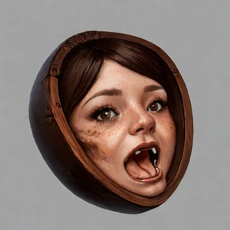 photorealistic (female face:1.1), freckles, (tongue out:1.1), ponytails, funny, (round wooden frame:1.1), looking at viewer, high quality, 8k, detailed, masterpiece,