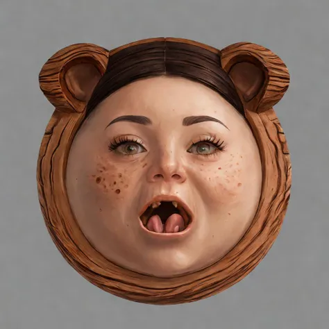photorealistic (female face:1.1), freckles, (tongue out:1.1), ponytails, funny, (round wooden frame:1.1), looking at viewer, high quality, 8k, detailed, masterpiece,