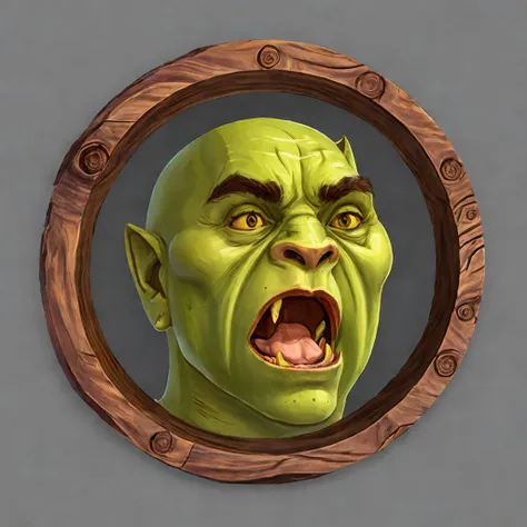 (orc face:1.15), freckles, (tongue out:1.15), ponytail, funny, round (wooden frame:1.1), looking at viewer, high quality, 8k, detailed, masterpiece,