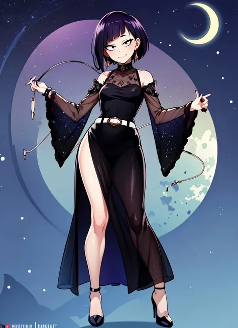 ((best quality)), ((highly detailed)), absurdres, extremely detailed face, beautiful face, (detailed eyes, deep eyes), <lora:more_details:.4>, (1girl), dynamic pose, full body, (((wide shot))), <lora:Jirou-Marlosart:.7>, jirou2, purple hair, short hair, bangs, black eyes, long earlobes, small breasts, smiling, black dress, long dress, skirt, turtleneck, long sleeves, see-through sleeves, belt, collar, bracelet, high heels, (outdoors, at a town, midnight, night sky, stars, crescent moon)