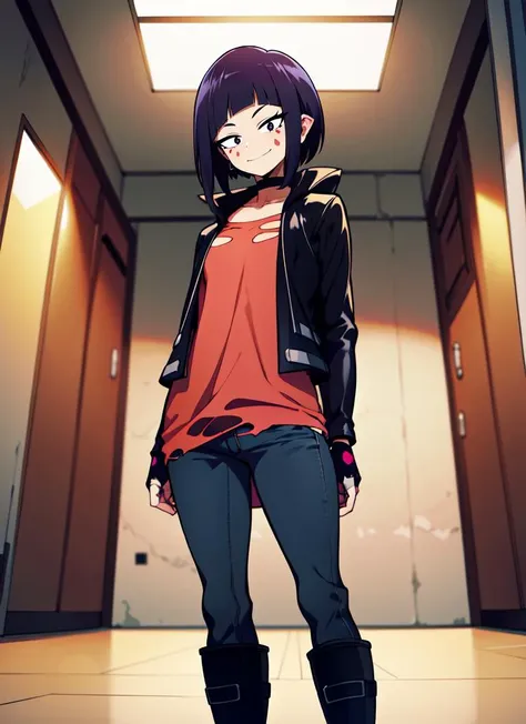 ((best quality)), ((highly detailed)), masterpiece, absurdres, (detailed eyes, deep eyes), (1girl), Perspective distortion, contrapposto, standing, ((legs apart)), crossed arms, cowboy shot, from below, looking at viewer, <lora:Jirou-Marlosart:.7>, jirou2, purple hair, short hair, bangs, black eyes, long earlobes, small breasts, smiling, (facial marks), choker, red shirt, torn shirt, leather jacket, black jacket, open jacket, white fingerless gloves, pants, boots, (indoors, at a hall)