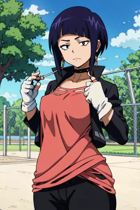 masterpiece,best quality,extreme detail,8k,(white background),<lora:jirou:0.8>,jirou2,1girl,solo,breasts,looking at viewer,short hair,bangs,shirt,gloves,holding,black eyes,jacket,upper body,purple hair,open clothes,choker,white gloves,fingerless gloves,open jacket,black jacket,black choker,red shirt,long earlobes,wide hips,cowboy_shot,rhighs, BREAK, anime, anime coloring, standing, playground, dirt, school, tree