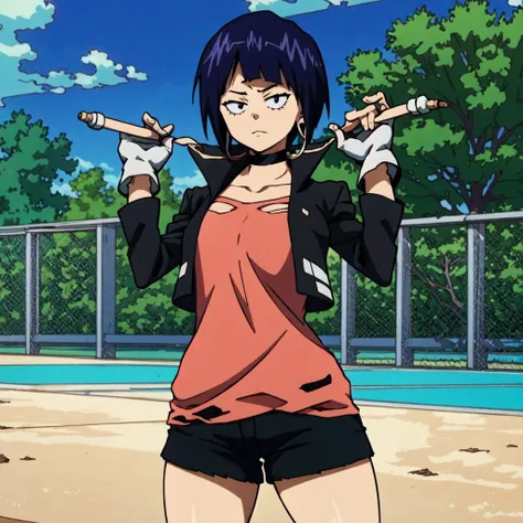 <lora:jirou:1>,jirou2,1girl,solo,breasts,looking at viewer,short hair,bangs,shirt,gloves,holding,black eyes,jacket,cowboy shot, thighs,purple hair,open clothes,choker,white gloves,fingerless gloves,open jacket,black jacket,black choker,red shirt,long earlobes,wide hips,cowboy_shot,rhighs, BREAK, anime, anime coloring, standing, playground, dirt, school, tree, perfect quality, good quality, masterpiece, HDR, UHD, thin outline, black shorts, short shorts