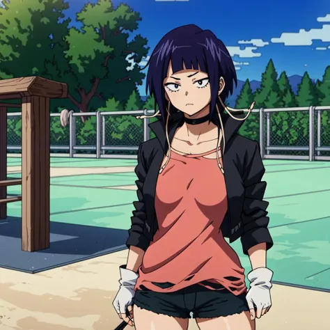 <lora:jirou:1>,jirou2,1girl,solo,breasts,looking at viewer,short hair,bangs,shirt,gloves,holding,black eyes,jacket,cowboy shot, thighs,purple hair,open clothes,choker,white gloves,fingerless gloves,open jacket,black jacket,black choker,red shirt,long earlobes,wide hips,cowboy_shot, thighs, BREAK, anime, anime coloring, standing, playground, dirt, school, tree, perfect quality, good quality, masterpiece, HDR, UHD, thin outline, black shorts,denim shorts, short shorts, mini short, big breasts