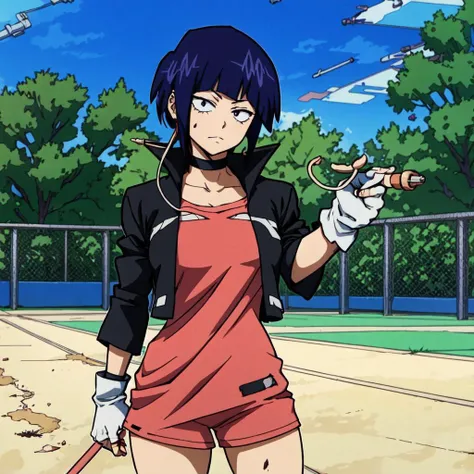 <lora:jirou:1>,jirou2,1girl,solo,breasts,looking at viewer,short hair,bangs,shirt,gloves,holding,black eyes,jacket,cowboy shot, thighs,purple hair,open clothes,choker,white gloves,fingerless gloves,open jacket,black jacket,black choker,red shirt,long earlobes,wide hips,cowboy_shot,rhighs, BREAK, anime, anime coloring, standing, playground, dirt, school, tree, perfect quality, good quality, masterpiece, HDR, UHD, thin outline, short shorts
