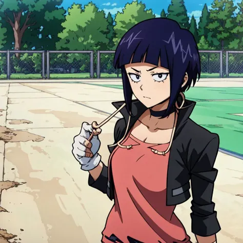 <lora:jirou:1>,jirou2,1girl,solo,breasts,looking at viewer,short hair,bangs,shirt,gloves,holding,black eyes,jacket,upper body,purple hair,open clothes,choker,white gloves,fingerless gloves,open jacket,black jacket,black choker,red shirt,long earlobes,wide hips,cowboy_shot,rhighs, BREAK, anime, anime coloring, standing, playground, dirt, school, tree, perfect quality, good quality, masterpiece, HDR, UHD, thin outline, short shorts
