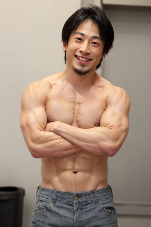 masterpiece, best quality, 1boy, man, <lora:hiroyuki:0.7>, hiroyuki, big muscular, pose, abs, smile, white teeth, shiny, glistening, oil, from front, looking at viewer, topless,