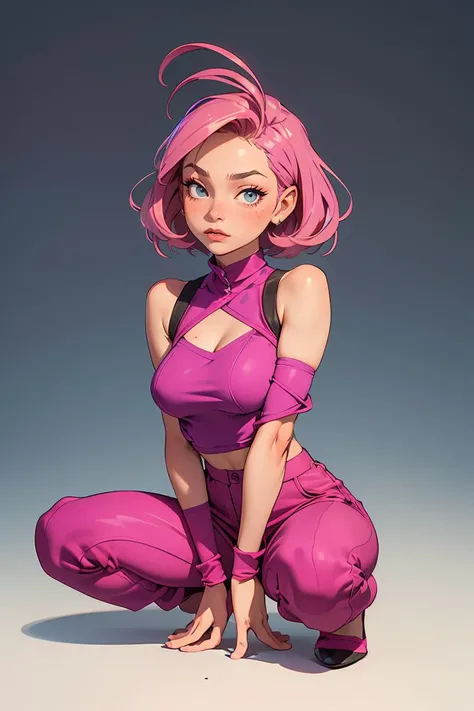 (masterpiece, best quality), 1girl, Cornflower blue Faded Comb-Over with Line Up, Sizes M to Z breasts, Magenta Metallic top and High-waisted wide-leg trousers, leg warmers, Crouching with arms wrapped around the knees.