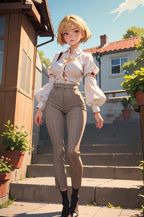 (masterpiece, best quality), 1girl, Honey Blonde Highlights on Brown Textured Crop with Taper Fade, Size B breasts, Sky Collared button-up blouse with ruffled sleeves. and Cropped gingham trousers with a tailored fit, legwear garter, Standing with one foot on a step, looking ahead.