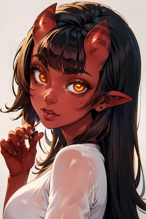 (masterpiece, best quality), 1girl, <lora:meruccubus:1> meruccubus, red oni, colored skin, red skin, pointy ears, long hair, mole, oni, blunt bangs