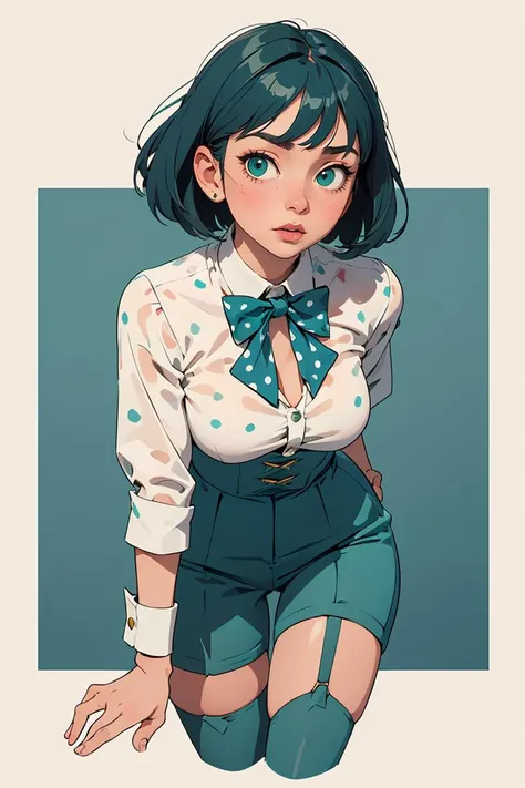 (masterpiece, best quality), 1girl, Teal Green Crew Cut with Skin Fade, Size DD breasts, Pearl Bowtie neck blouse with a polka-dot print. and Cropped gingham trousers with a tailored fit, garter straps, Leaning forward with hands on the ground, legs extended.