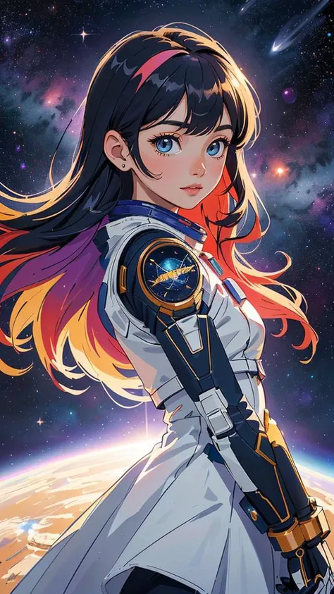 (best quality, masterpiece, colorful, dynamic angle, highest detailed) fashion photography of cute astronaut girl with long iridiscent colorful hair, in space (intricate details, hyperdetailed:1.15), detailed, sunlight passing through hair, (beautiful galaxy background), (official space art, extreme detailed, highest detailed), HDR+