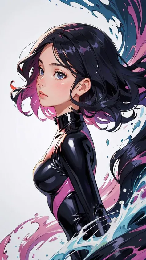 (black hair,colorful fluorescence multicolored hair:1.5,wavy hair:1.5), (masterpiece, sidelights, exquisite beautiful eyes: 1.5), masterpiece*portrait, realistic, ((Colorful background of different colors:1.5)),(Gentle face:1.5),colorful,3D face,(cute face),front view: 1.6、 (glowing red eyes:1.2),(tareme:1.5)、(cute smile:1.5),,Slim Body, shiny hair, shiny skin: 1.5、medium breasts,、solo,(stand)、(latex dress:1.5)、(charactor focus:1.5、portlate、eye focus,cowboy shot)、bright atmosphere,intricatedetails