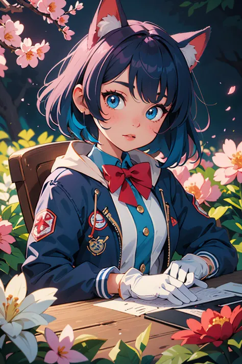 anyline style, (2d:1.2), wide shot, (dynamic angle:1.1), outline, ((thick lineart)), cover, stylish, official art, (details:1.2), (fantasy), garden, (bloom:1.1), glow:0.2, shadow, nature, cherry blossoms, particles, (depth of field), sharp focus, (volumetric lighting), (bokeh:0.6), film grain:0.4, day, (soft lighting:1.1), mlzs, long sleeves, animal ears, short hair, bangs, blue hair, gloves, white gloves bow, red bow, (blue) shirt, (blue) jacket, looking at viewer <lora:Melusine_GI_10_01:0.5>,<lora:anyline_01_03:1>, <lora:Style_Of_DDGHH_00_00_04:0.6> <lora:judddr_00_05:0.6>, judddr style