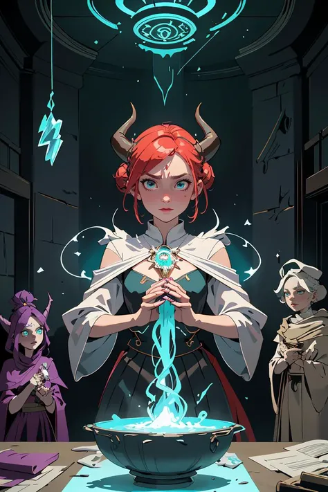 (masterpiece, best quality), female devil, embodiment of evil, cunning and charismatic, red skin, devil horns, fantasy, fifty-something, sturdy, middle easterner, deep blue eyes,  roman nose, pointed chin,  hollow cheeks,     , teal
 messy bun hair, gratitude
, mixing potions in a cauldron, concocting potent elixirs, 
    wearing dragon scales,ethereal ectoplasm,pentacle
 priestess ankle skirt,  celestial cloaks,   
 flourish (vertical lines,curved lines,illuminating,ornate,apollonian gasket,plasma,levitation assisted elevators,vinyl translation,pyramid,ellipse,lightning,drifting magic:1.0)
, analyzing the patterns in a spell matrix, discerning its workings, enchanted moonlight
, otherworldly glow, a subterranean mine, with miners toiling away in search of valuable resources