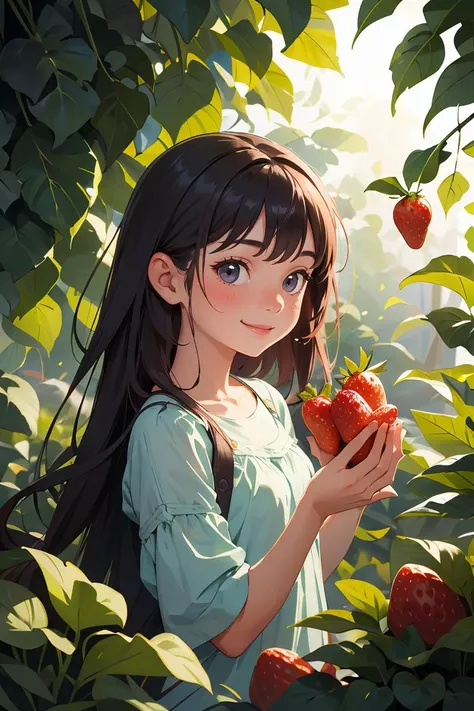 , focus on girl,depth of field,translucent layers, Blending with Plants, fluid textures, subtle hues, organic forms, poetic atmosphere, BREAK Smiling little girl picking strawberries from the vegetable garden,<lora:GoodHands-beta2:1>