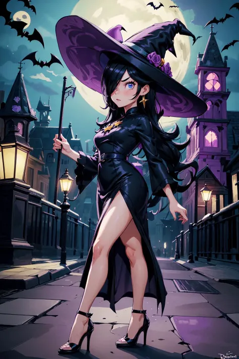 thick outlines, comics, photorealistic, 1girl, solo, <lora:RosalinaV3:0.7>, IncrsRsln, black hair, hair over one eye, RslnHllwn, witch hat, pruple dress, halloween costume, purple headwear, high heels, black dress, long dress, halloween, castle, town, detailed background, detailed face, detailed eyes, <lora:add_detail:0.7>