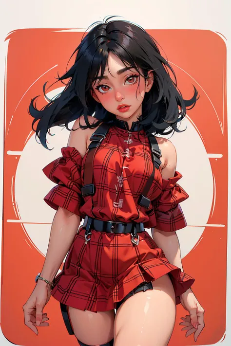 vixx, with brown eyes and long black hair styled on one side up, is captured in a photo flirting to the camera, bare shoulders , wearing a plaid microskirt and thigh harness, showcasing her mesmerizing red lips, sexy shiny background <lora:vixx_sd15_lora_v045:1>