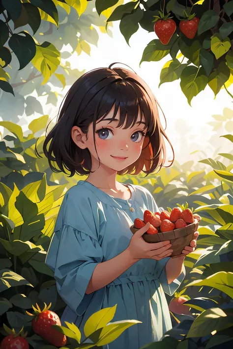 , focus on girl,depth of field,translucent layers, Blending with Plants, fluid textures, subtle hues, organic forms, poetic atmosphere, BREAK Smiling  girl picking strawberries from the vegetable garden,<lora:GoodHands-beta2:1>