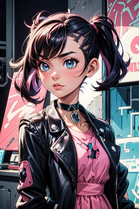 thick outlines, comics, photorealistic, masterpiece:1.2, 1girl, solo, small breast,  <lora:marnie by Goofy Ai:0.9>, marnie pokemon, pink dress, black jacket, open jacket, symmetrical hair, black hair, medium hair, black choker,  cyber punk city, detailed background, detailed face, detailed eyes, <lora:add_detail:0.7>