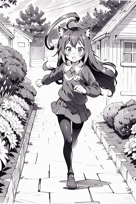 sketch, monochrome, traditional media, pencil drawing, tzummn, long hair, cat ears, ahoge, school uniform, skirt, black pantyhose, running in the garden, floral background, <lora:Miniwa_Tsumiki_10_01:1>
