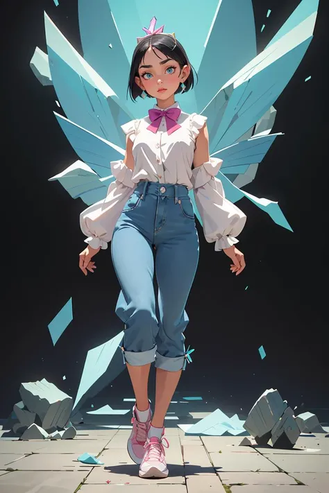 (masterpiece, best quality),female aging gracefully, pear-shaped, gypsies, turquoise eyes, stretched ears, high cheekbones, angular forehead, diamond face shape with angular cheeks, toned arms, runway/editorial makeup , indigo
bob cut hair, regret
wearing satin __bo/properties/color__
denim culottes, gingham
bow tie blouse, sneakers, floral crown with ribbon ties, ,
, arms folded across the chest, appearing closed off or guarded