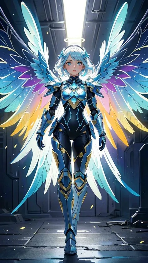 (best quality, masterpiece, colorful, dynamic angle, highest detailed)upper body photo, full body photo, fashion photography of cute mechangel, glowing 4 wings, solo, glowing armor, glowing halo, building, glowing mechanical 4 wings (intricate details, hyperdetailed:1.15), detailed, light passing through hair, (official art, extreme detailed, highest detailed), HDR+