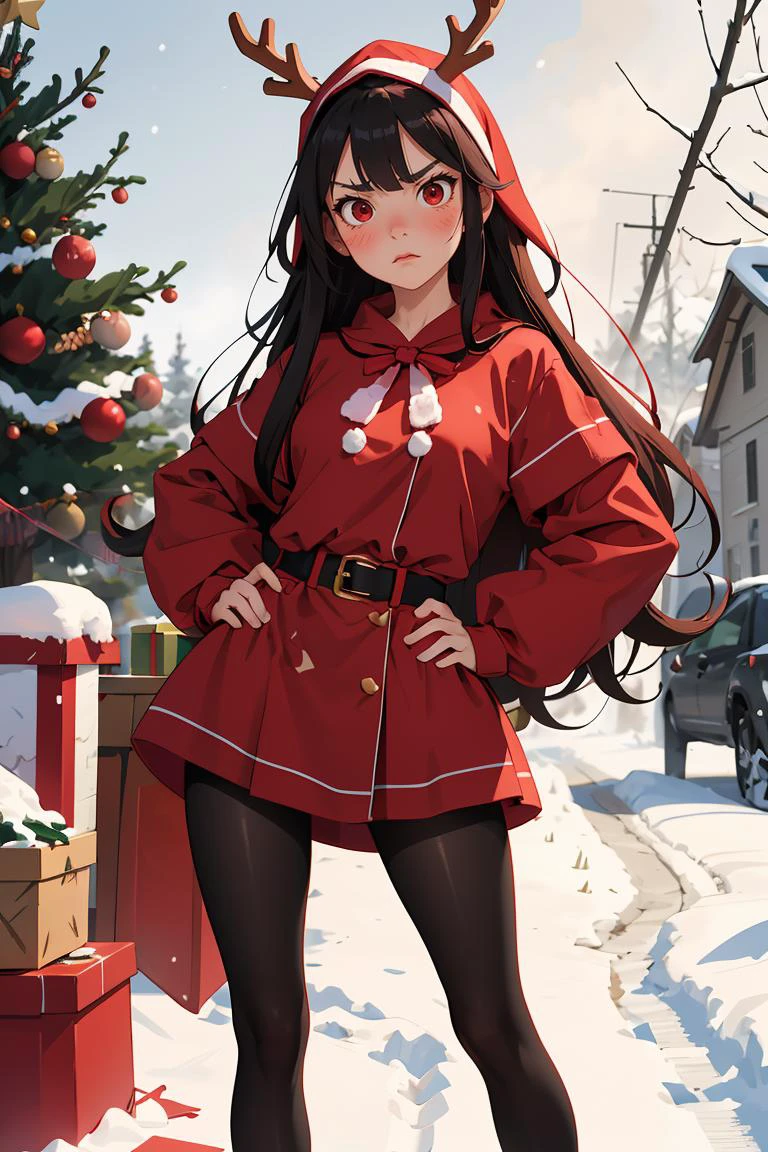 (masterpiece, best quality), 1woman, long hair, pantyhose, cute face, blush, red reindeer costume, sfw, ((furious)), christmas tree, cozy home, snow outside