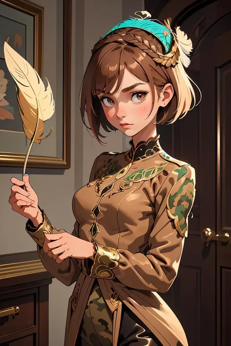 (masterpiece, best quality),female eighteen, statuesque, scandinavian, brown eyes, long face shape, , brown
textured haircut hair, astonishment
wearing velvet lace __bo/properties/color__
culotte pantsuit, broderie anglaise camouflage __bo/properties/color__
fringe top, peacock feather headpiece,
, one hand raised, seeking attention