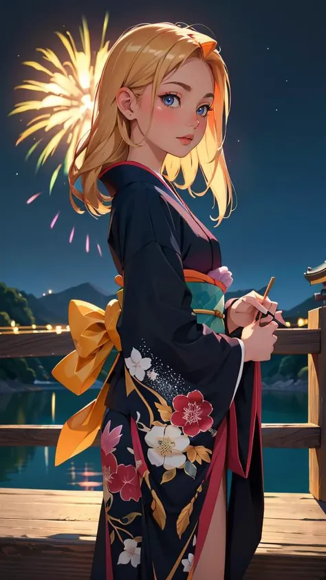(best quality, masterpiece, colorful, dynamic angle, highest detailed) Realistic photo, fashion photography of a cute European girl with iridiscent blonde hair, flirting with POV, in traditional japanese gold&black kimono, ultra detailed kimono textures, perfect night, kyoto, fireworks, (intricate details, hyperdetailed:1.15), detailed, moonlight passing through hair, (official art, extreme detailed, highest detailed), HDR+