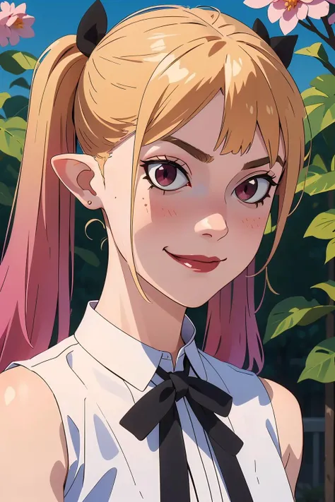 (masterpiece, best quality:1.2), highres, best illustration, 8k wallpaper, (Traditional Media), (2d:1.2), wide shot, (dynamic angle:1.1), , outline, ((thick lineart)), cover, stylish, official art, (details:1.2), (fantasy), garden, (bloom:1.1), glow:0.2, shadow, nature, cherry blossoms, particles, (depth of field), sharp focus, (volumetric lighting), (bokeh:0.6), film grain:0.4, day, (soft lighting:1.1), vvnlla, bat wings, blonde hair, multicolored hair, twintails, pointy ears, ribbon, black ribbon, neck ribbon, shirt, sleeveless, sleeveless shirt, pink hair, red eyes, glowing eyes, looking at viewer, bow, wings, sleeveless, pointy ears, striped, evil smile, <lora:Himesama_Goumon_Vanilla_00_01:1.0>