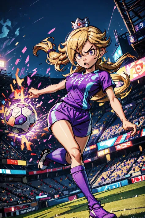 thick outlines, comics, photorealistic, 1girl, solo, <lora:MarioStrikerStyle:0.5>, Mario Striker Style, angry, <lora:RosalinaV3:0.9>, IncrsRsln, hair over one eye, RslnStriker, crown, soccer uniform, purple sportwear, pantyhouse, Soccer field, soccer ball, detailed background, detailed face, detailed eyes, <lora:add_detail:0.7>