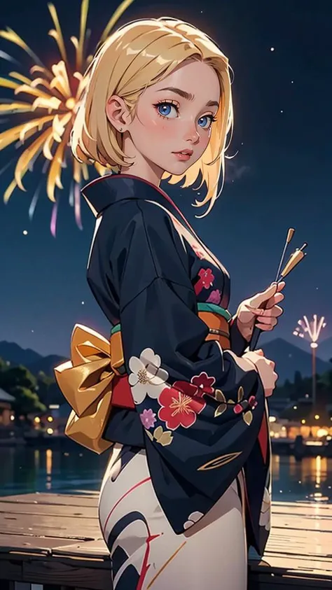 (best quality, masterpiece, colorful, dynamic angle, highest detailed) Realistic photo, fashion photography of a cute European girl with iridiscent blonde hair, flirting with POV, in traditional japanese gold&black kimono, ultra detailed kimono textures, perfect night, kyoto, fireworks, (intricate details, hyperdetailed:1.15), detailed, moonlight passing through hair, (official art, extreme detailed, highest detailed), HDR+
