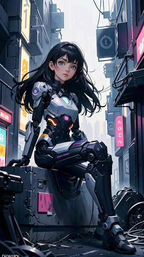 (best quality, masterpiece, colorful, dynamic angle, highest detailed)upper body photo, full body photo, fashion photography of cute 1girl, mechanical arms, cyborg, dark mood, dystopia, glowing, looking at viewer, sitting, long hair, bokeh (intricate details, hyperdetailed:1.15), detailed, moonlight passing through hair, (official cyberpunk art, extreme detailed, highest detailed), HDR+