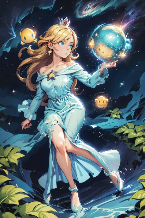 thick outlines, comics, photorealistic, 1girl, solo, <lora:RosalinaV3:0.8>, IncrsRsln, hair over one eye, RslnDef, crown, bare shoulders, off-shoulder dress, long sleeves, blue dress, long dress, aqua dress, space, stars, planets, garden, detailed background, detailed face, detailed eyes, <lora:add_detail:0.7>
